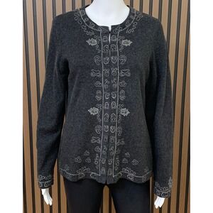 Laura Ashley Charcoal Gray Cotton Cashmere Beaded Embroidered Cardigan Sweater M